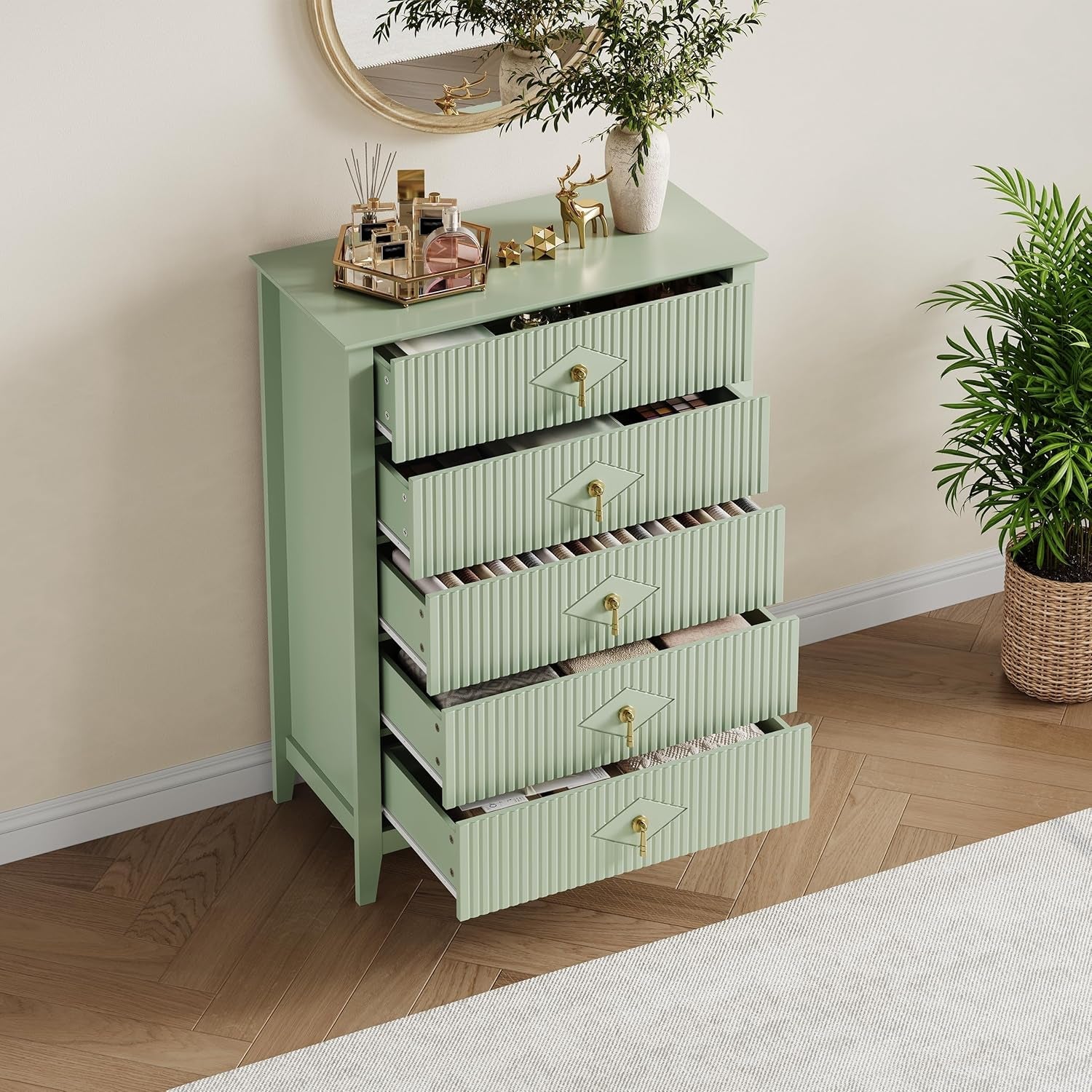 Emerald Green Fluted Dresser Five Drawer Cabinet Storage