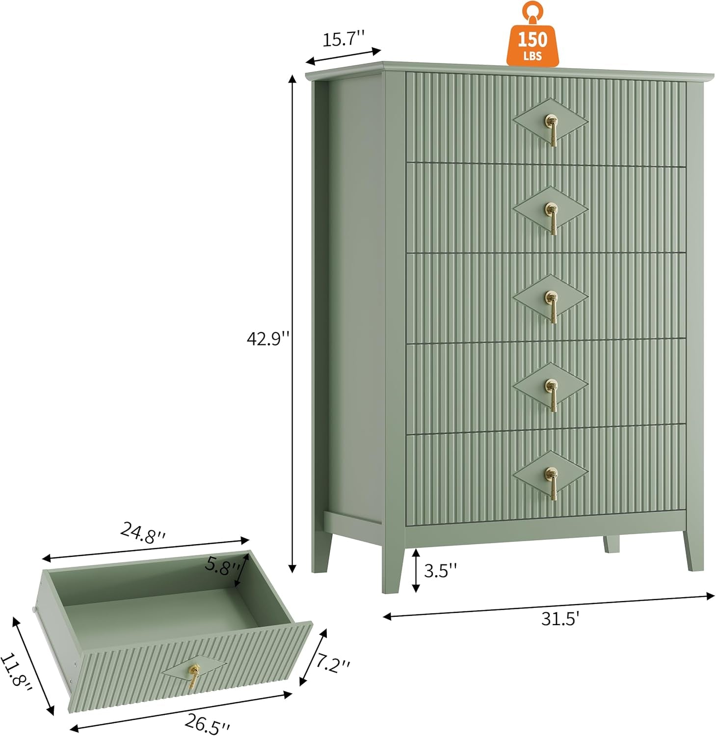 Emerald Green Fluted Dresser Five Drawer Cabinet Storage