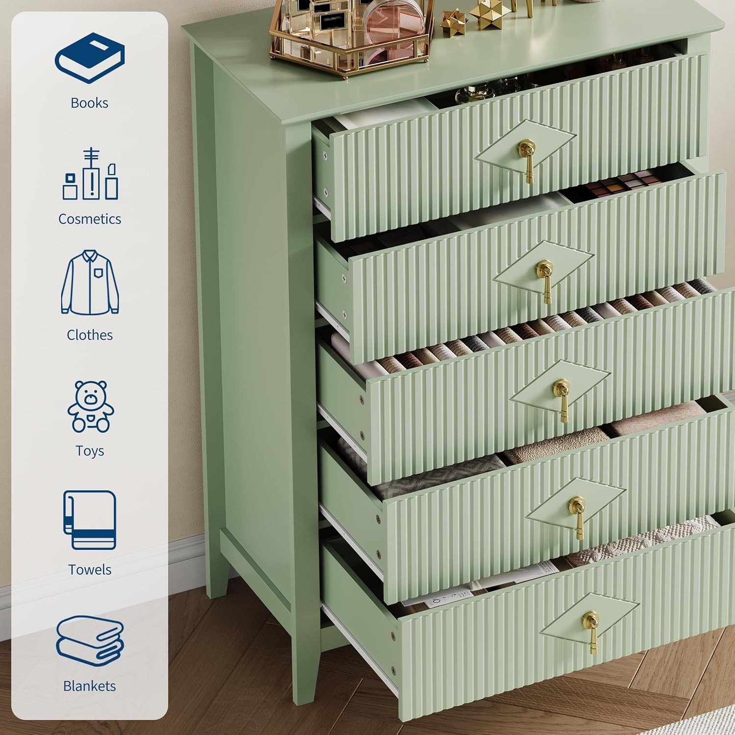 Emerald Green Fluted Dresser Five Drawer Cabinet Storage