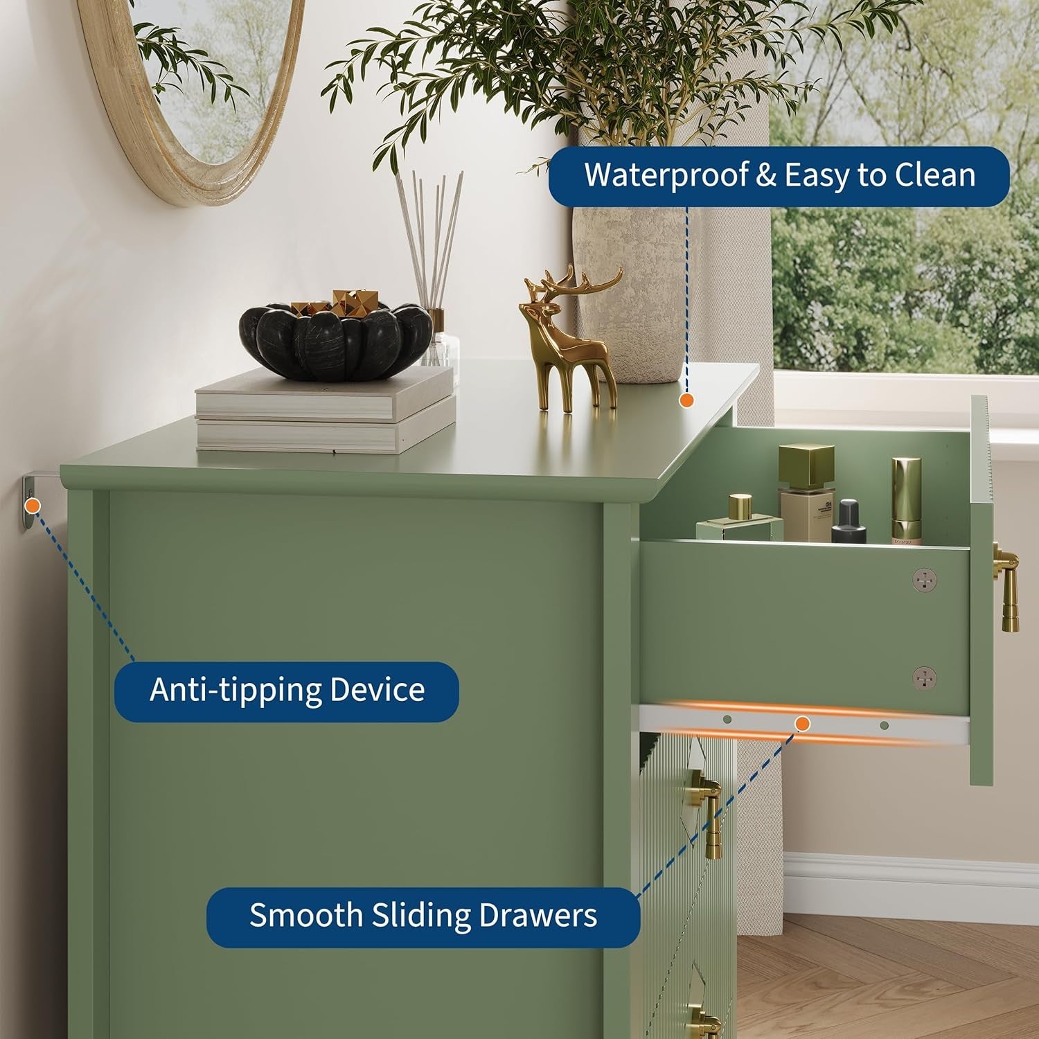 Emerald Green Fluted Dresser Five Drawer Cabinet Storage