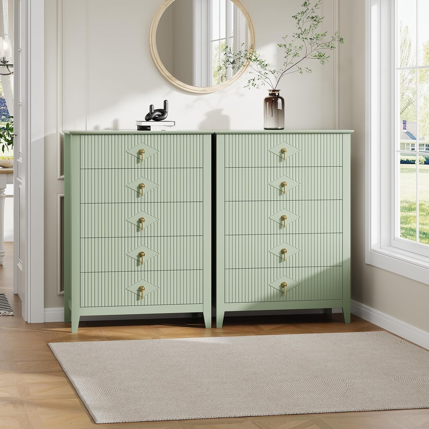 Emerald Green Fluted Dresser Five Drawer Cabinet Storage