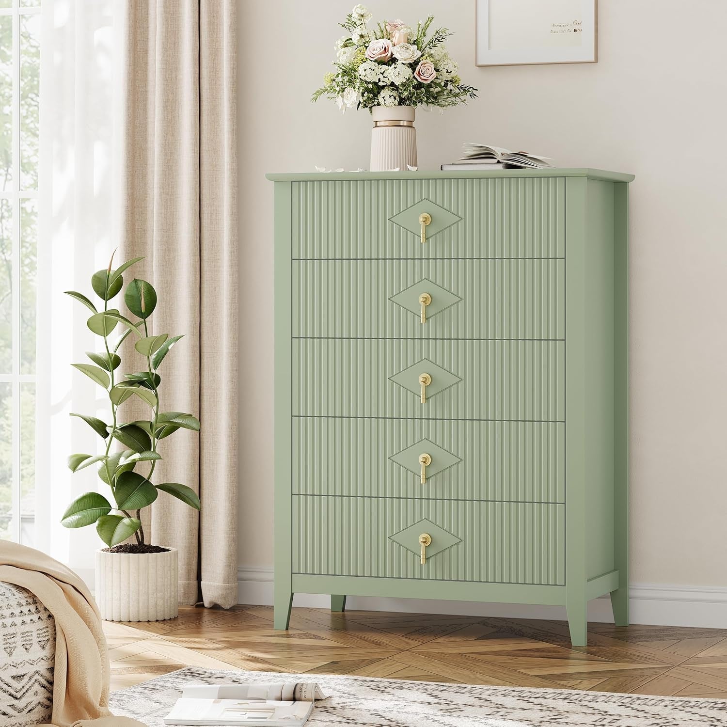 Emerald Green Fluted Dresser Five Drawer Cabinet Storage