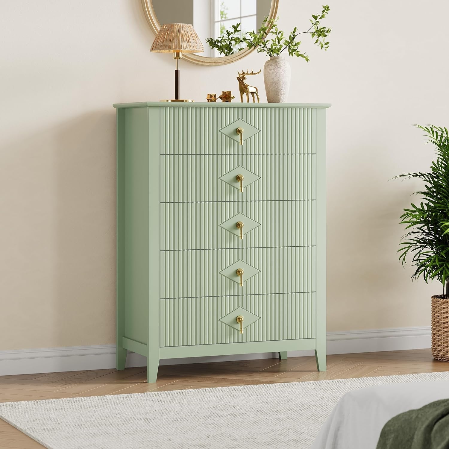 Emerald Green Fluted Dresser Five Drawer Cabinet Storage