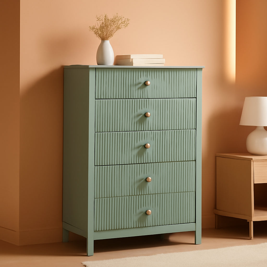 Emerald Green Fluted Dresser Five Drawer Cabinet Storage