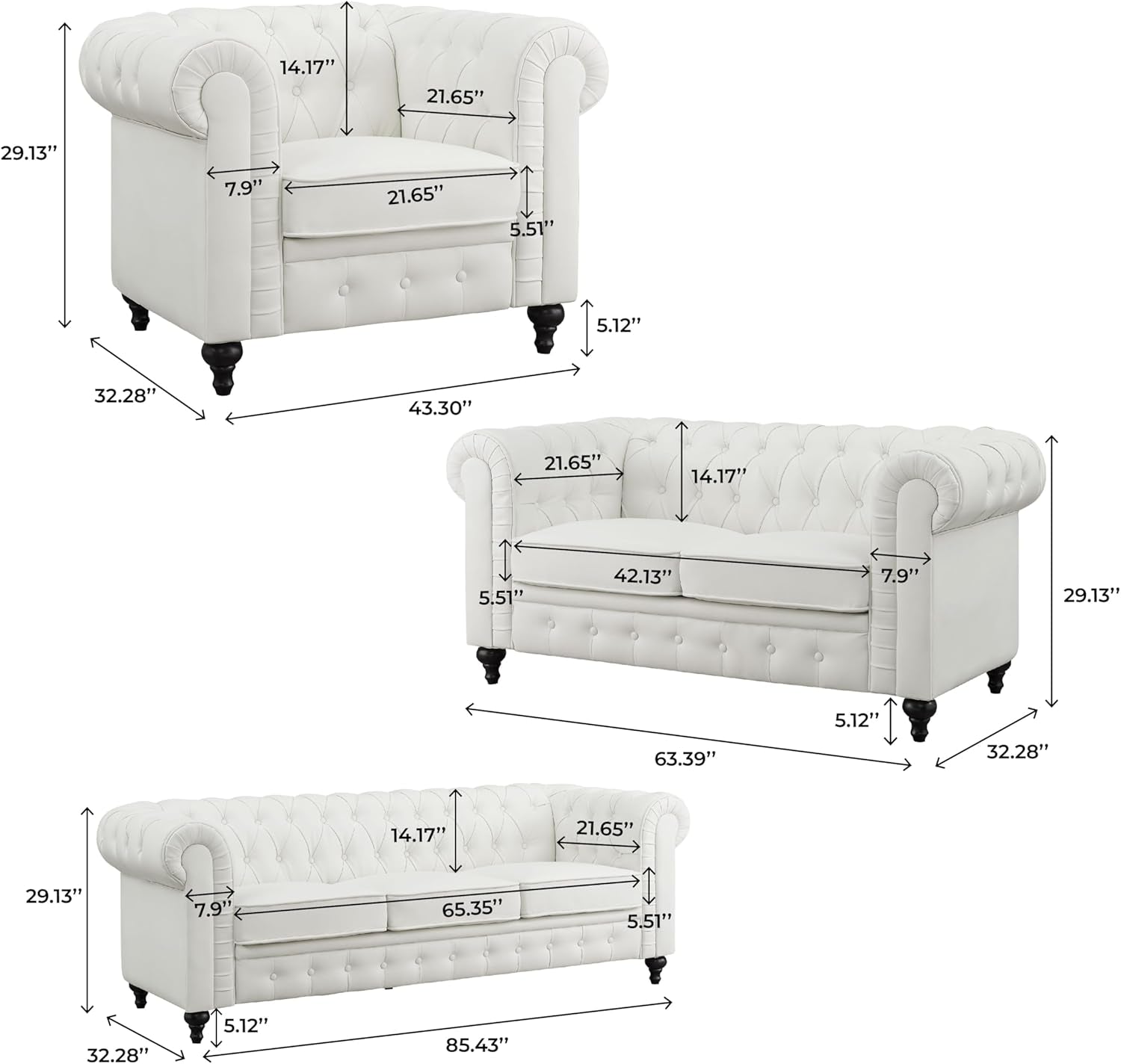 Emery Chesterfield 3 Piece Sectional Sofa Set Off White