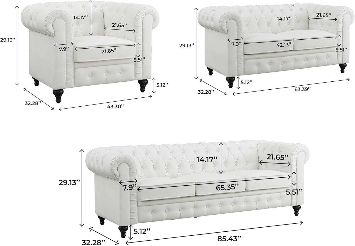 Emery Chesterfield 3 Piece Sofa Set Off White Tufted Design