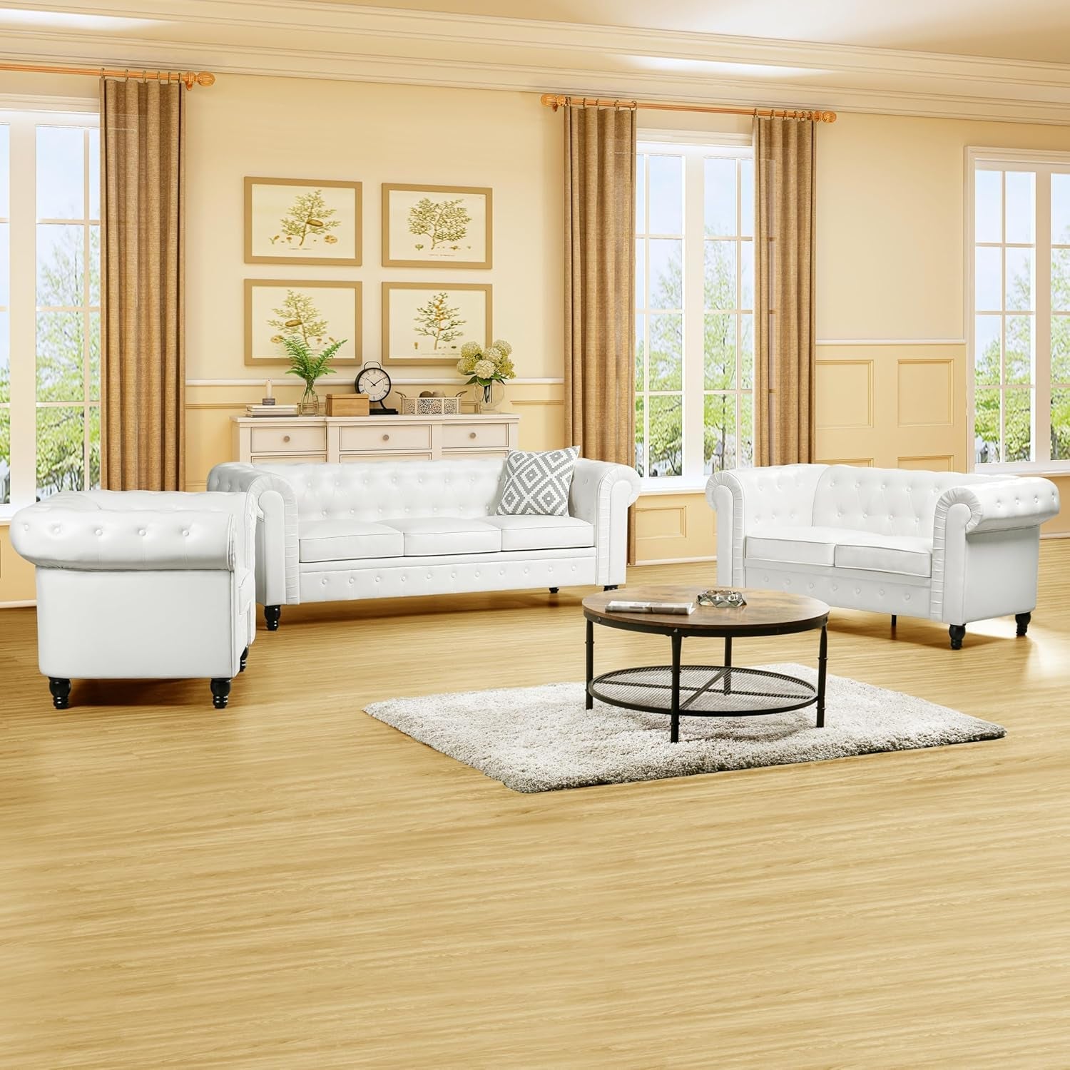 Emery Chesterfield 3 Piece Sofa Set Off White Tufted Design