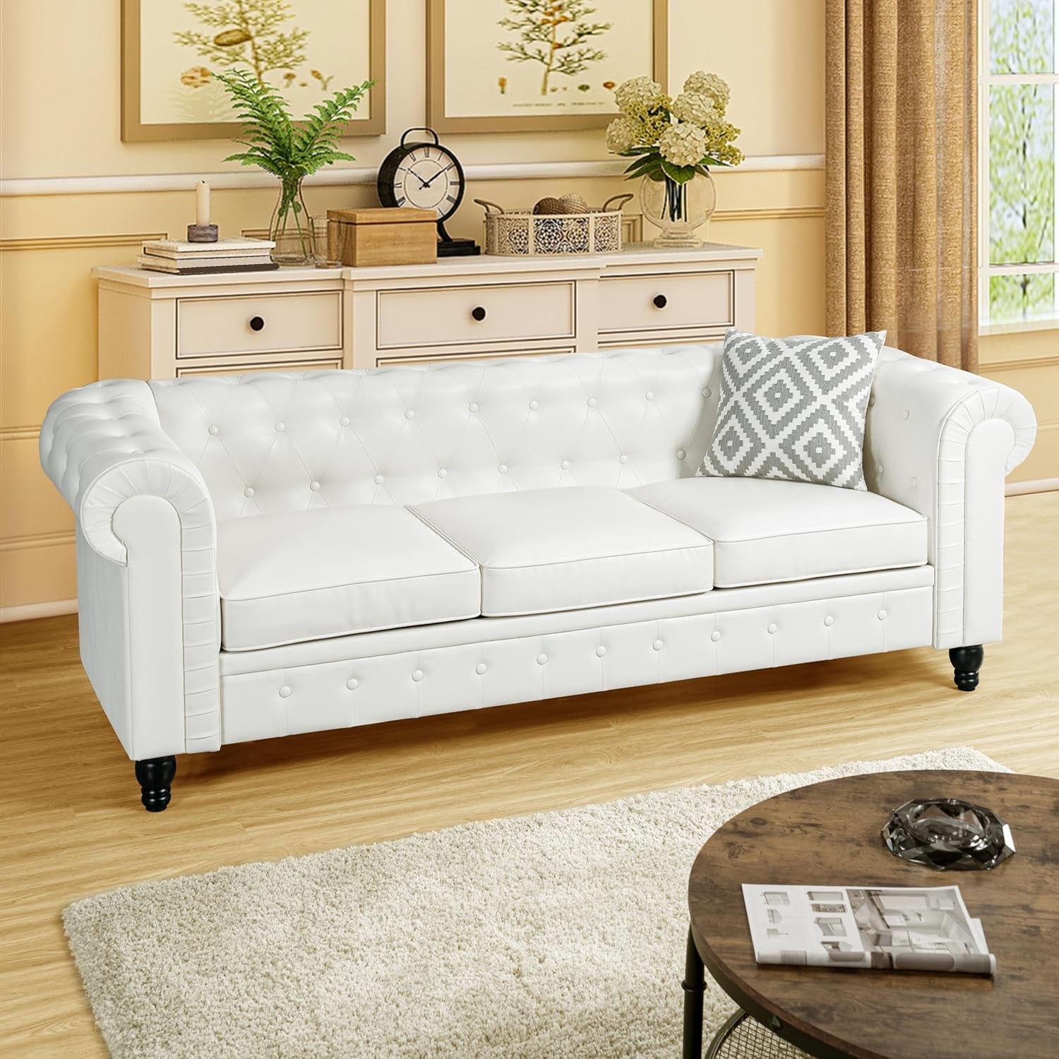 Emery Chesterfield 3 Piece Sofa Set Off White Tufted Design