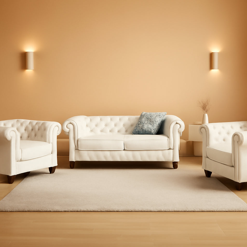 Emery Chesterfield 3 Piece Sofa Set Off White Tufted Design