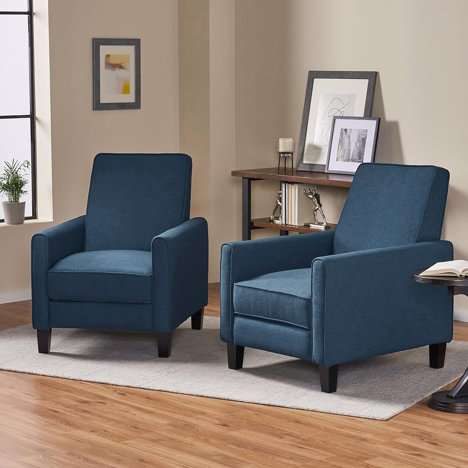 Emmie Navy Blue Fabric Recliner Set Of 2 Low Profile Chairs