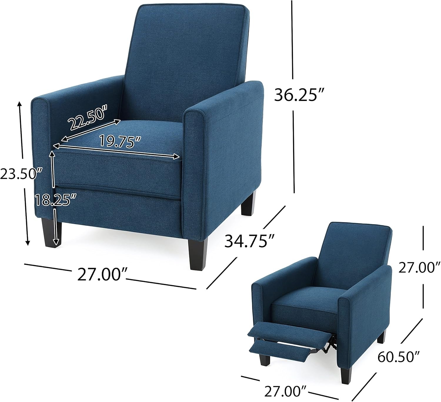 Emmie Navy Blue Fabric Recliner Set Of 2 Low Profile Chairs