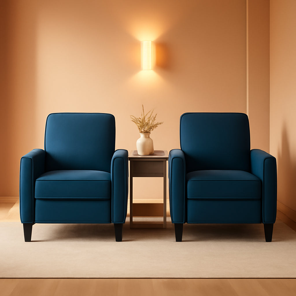 Emmie Navy Blue Fabric Recliner Set Of 2 Low Profile Chairs