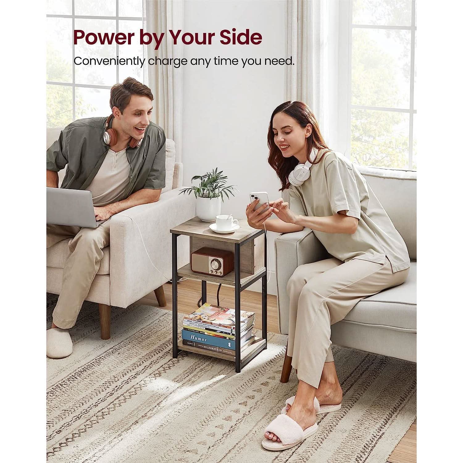 End Table With 3 Tier Charging Station USB And AC Outlets
