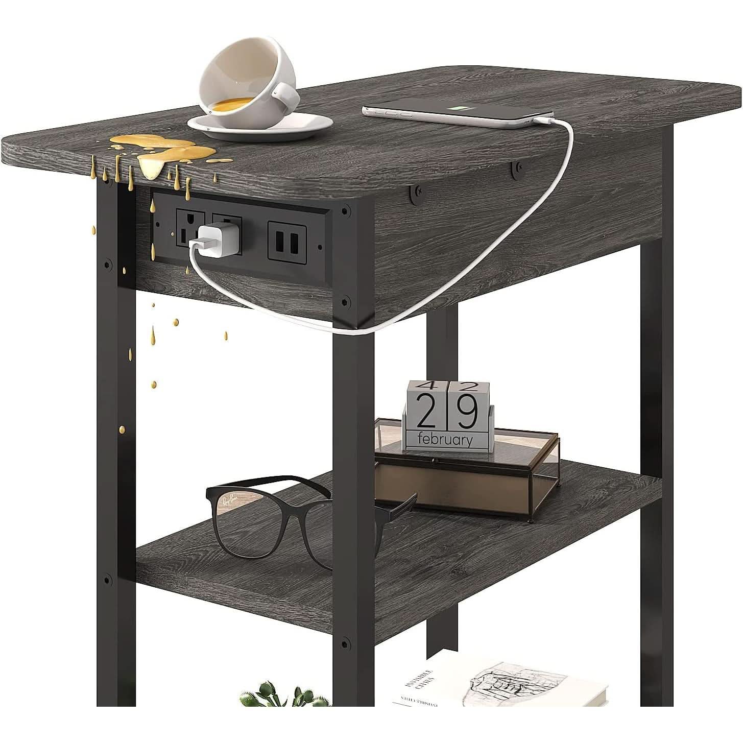End Table With Charging Station And Flip Top Dark Grey For Small Spaces