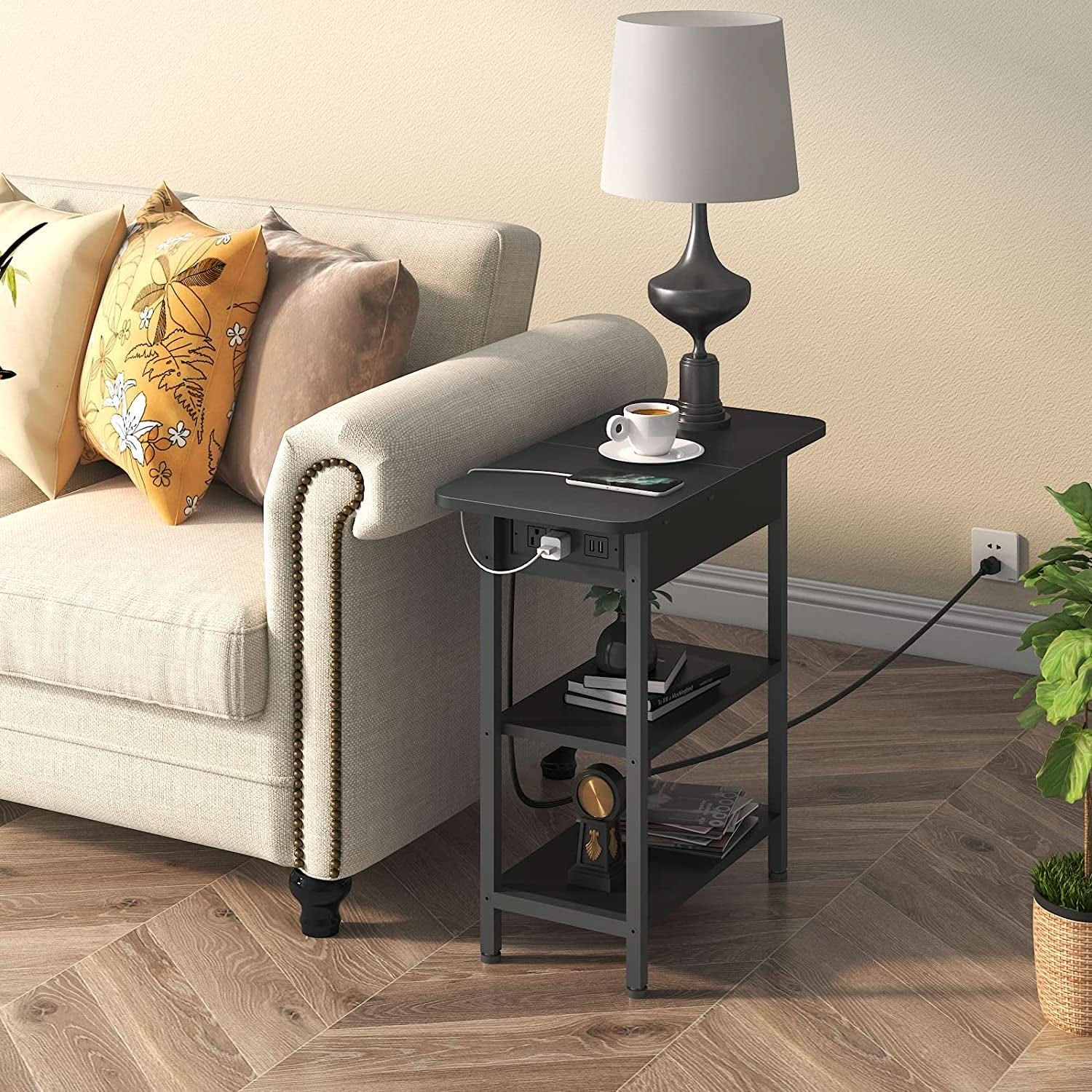 End Table With Charging Station Black Flip Top Side Table