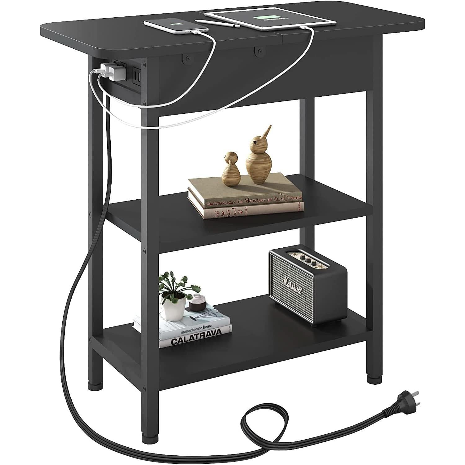 End Table With Charging Station Black Flip Top Side Table