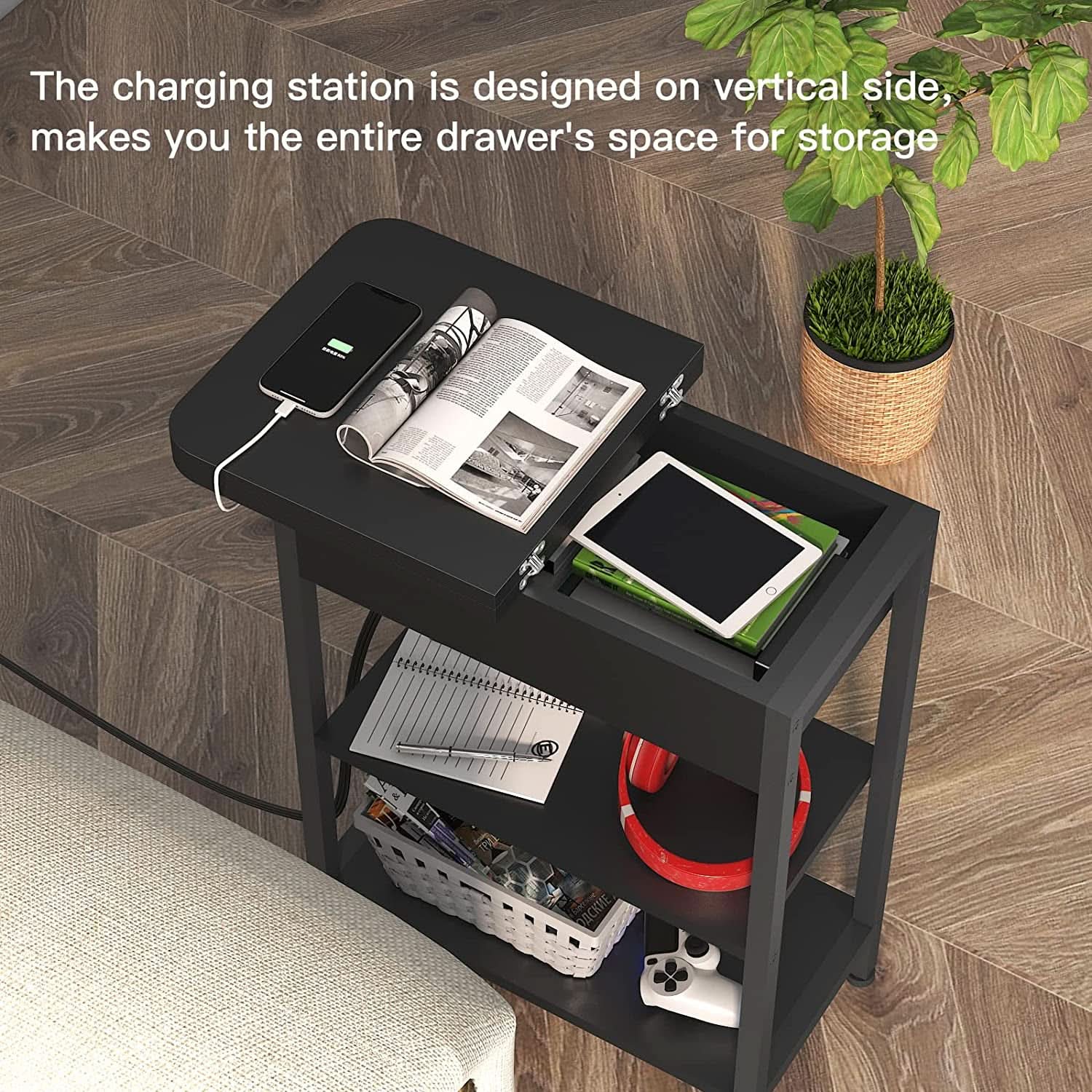 End Table With Charging Station Black Flip Top Side Table