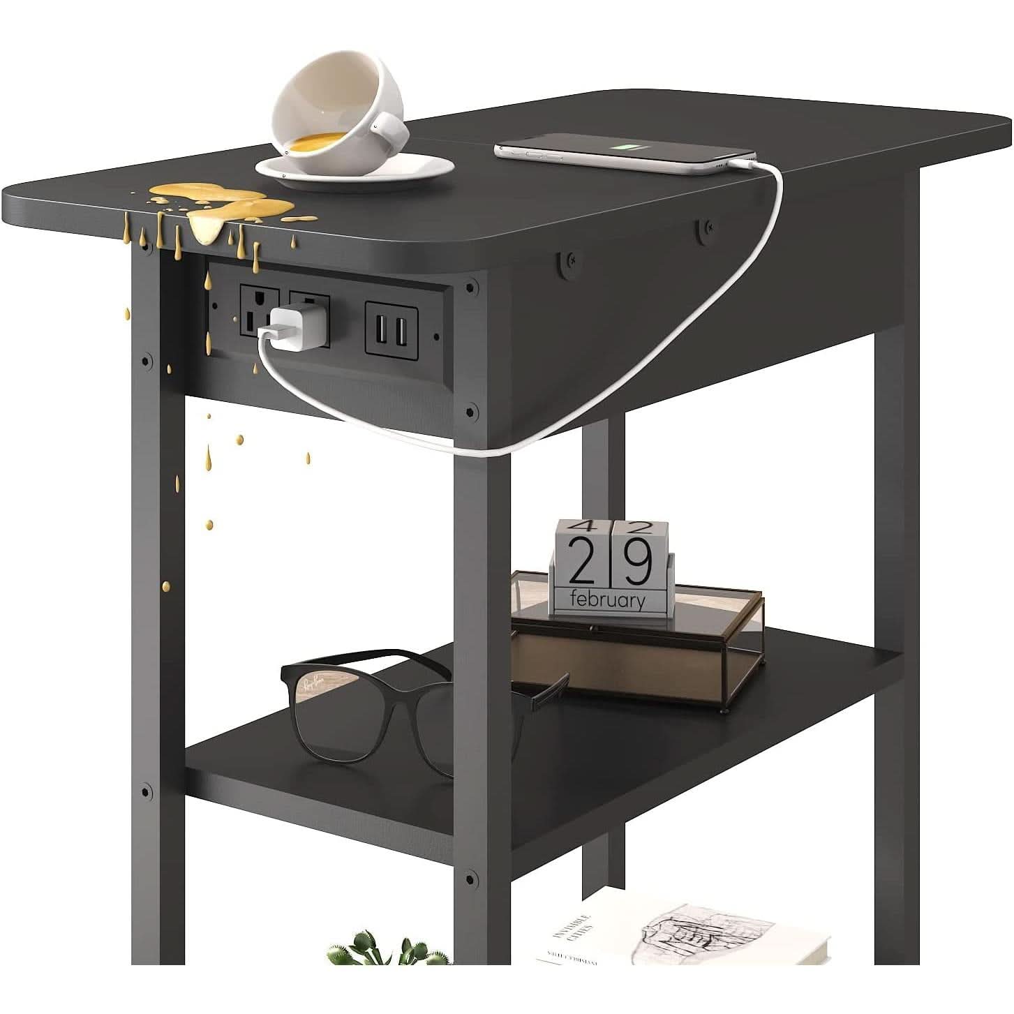 End Table With Charging Station Black Flip Top Side Table