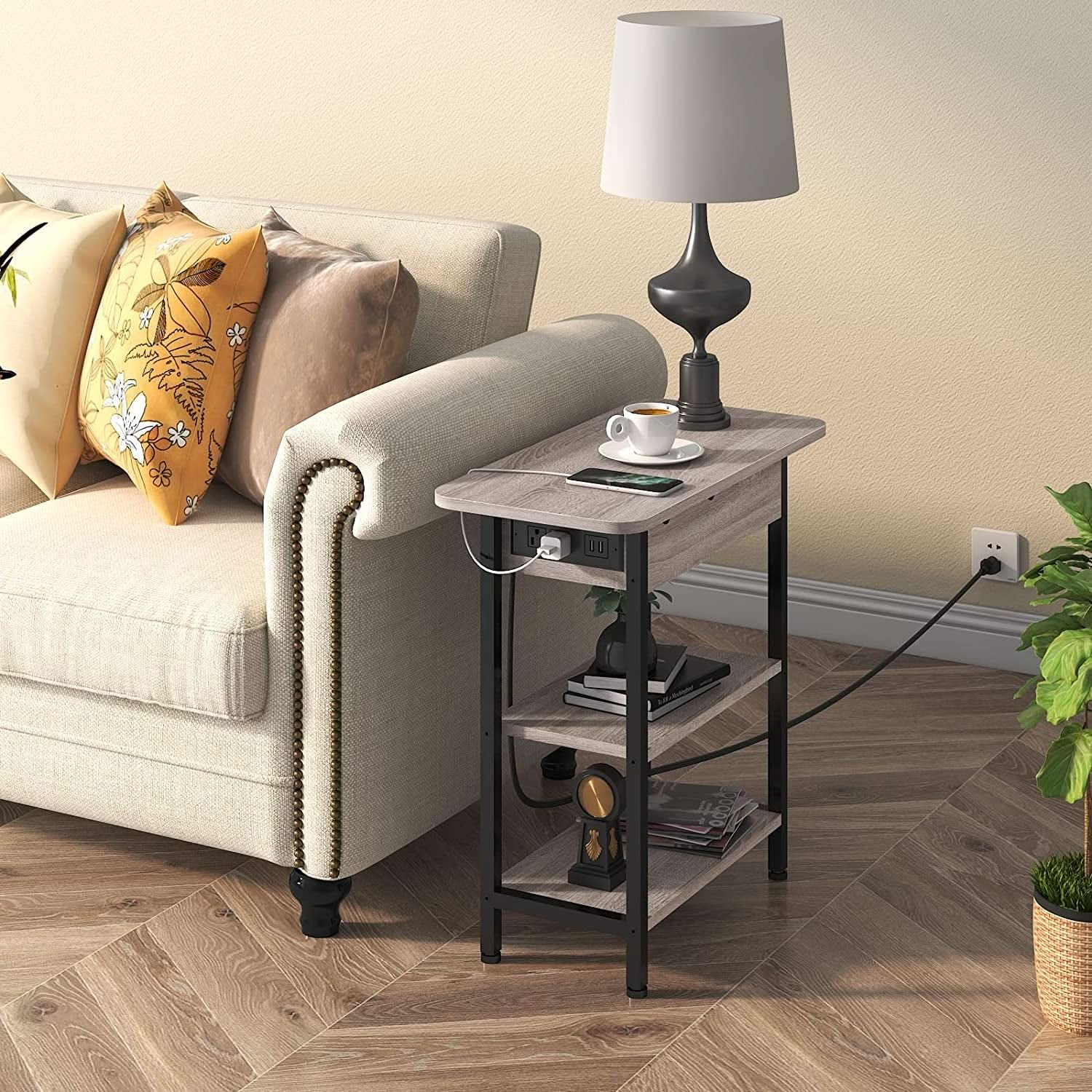 End Table With Vertical Charging Station And USB Outlets Greige