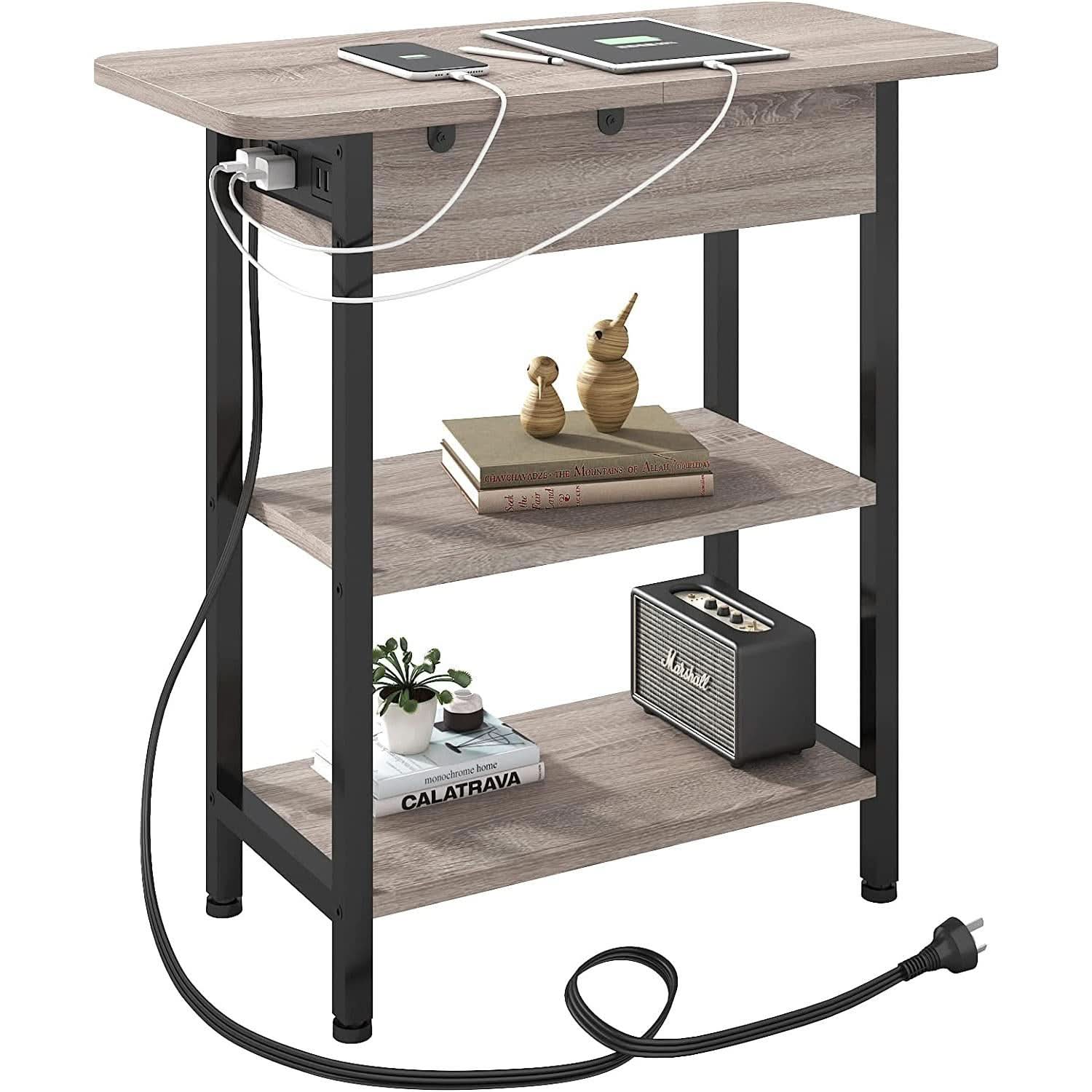 End Table With Vertical Charging Station And USB Outlets Greige