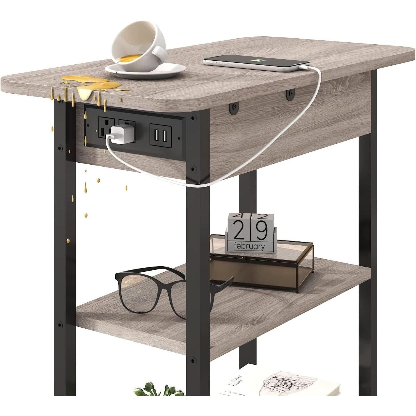 End Table With Vertical Charging Station And USB Outlets Greige