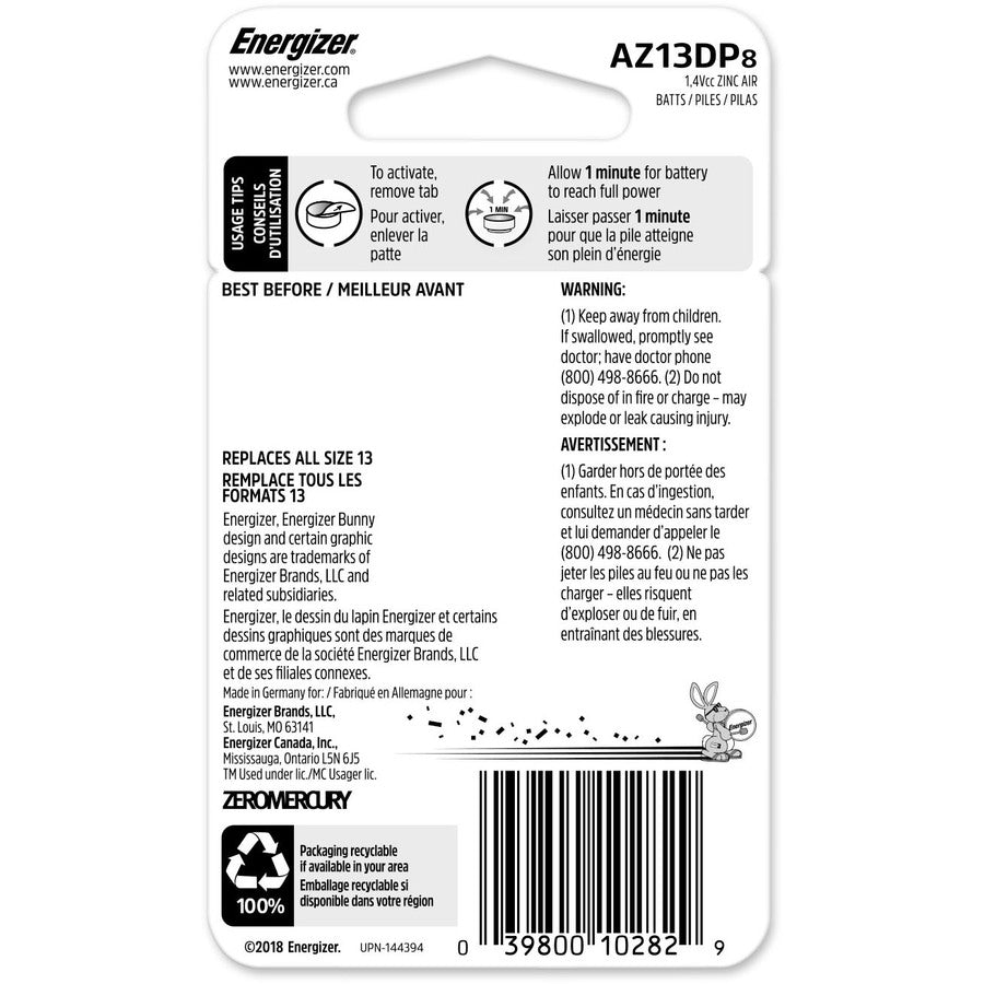 Energizer Ez Turn & Lock Size 13, 8-Pack, Orange