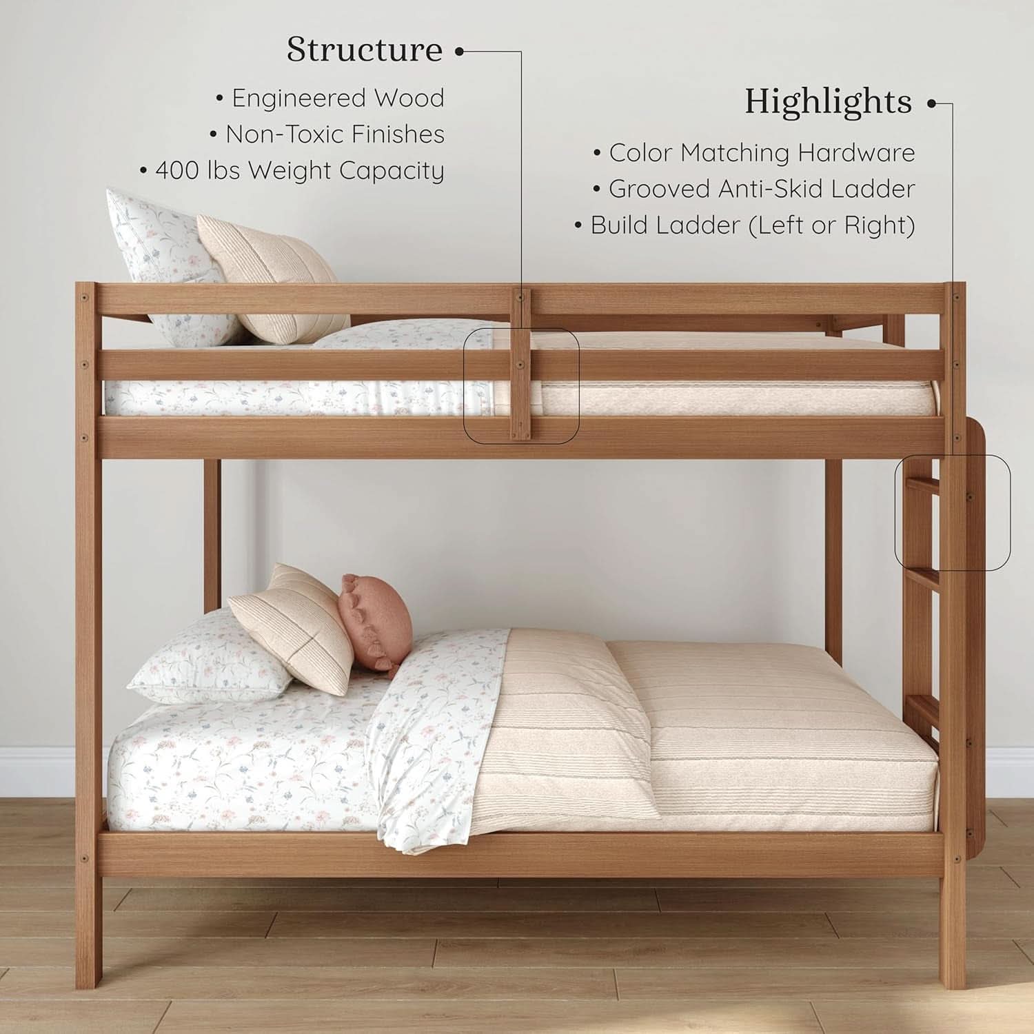 Engineered Wood Twin Over Twin Bunk Bed With Ladder Oak Finish