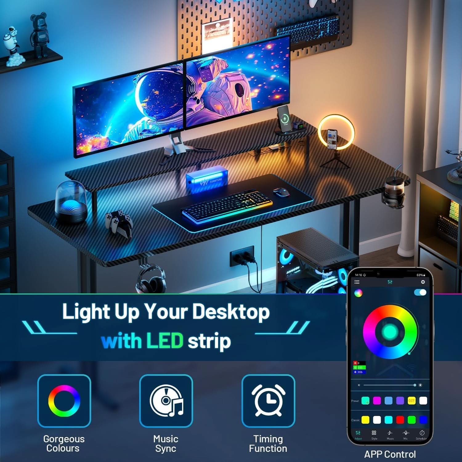 Ergonomic 63 Inch Gaming Desk With LED Lights