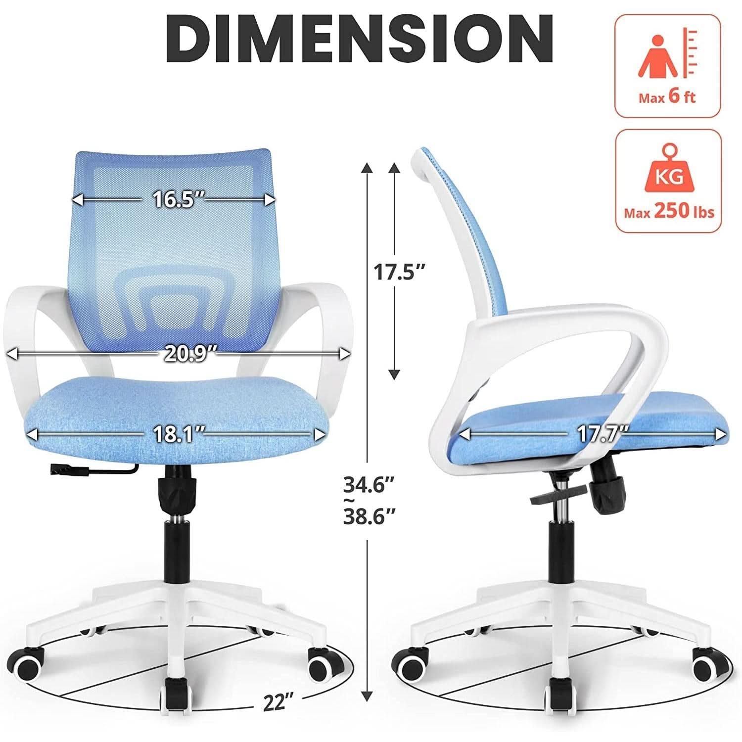Ergonomic Blue Mesh Office Chair With Wheels Compact Size