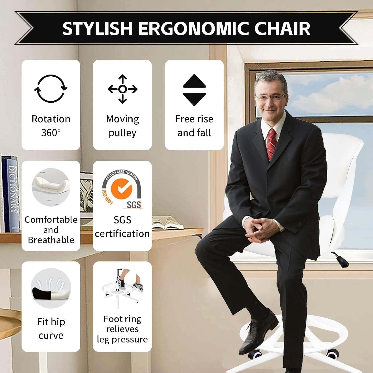 Ergonomic Drafting Chair With Lumbar Support And White Finish