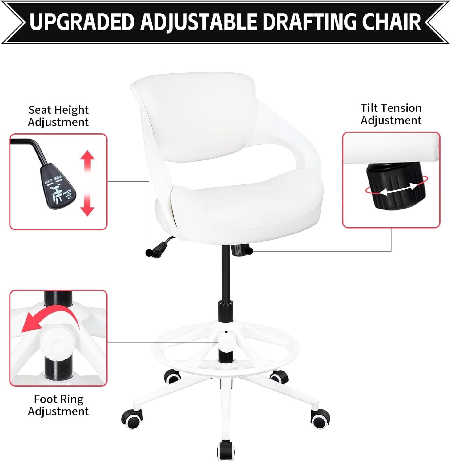 Ergonomic Drafting Chair With Lumbar Support And White Finish