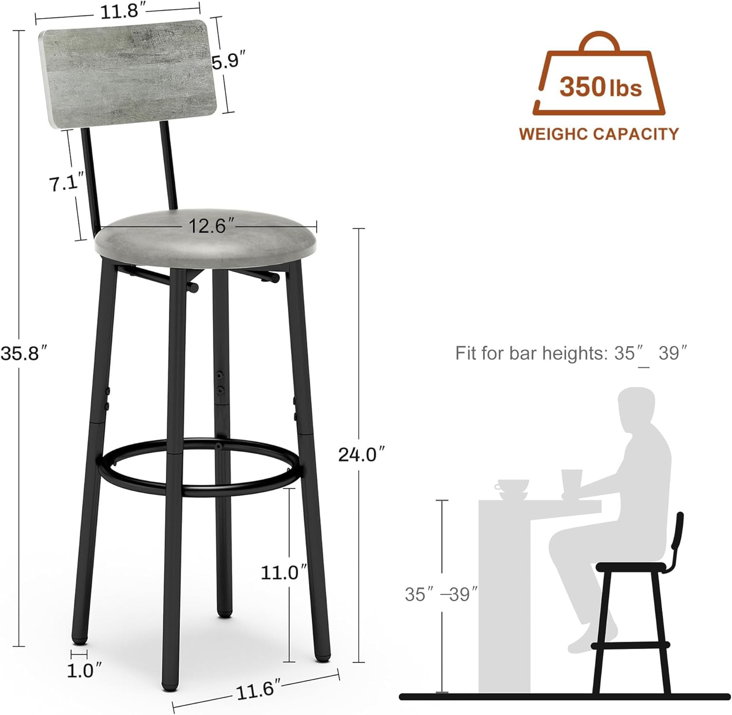 Ergonomic Gray and Black Bar Stools with Backrest