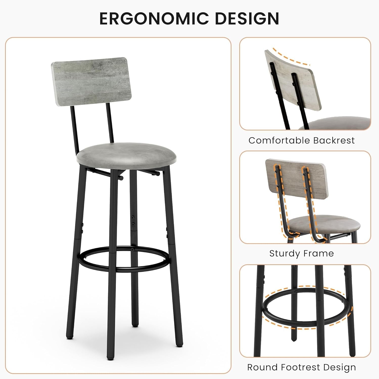 Ergonomic Gray and Black Bar Stools with Backrest