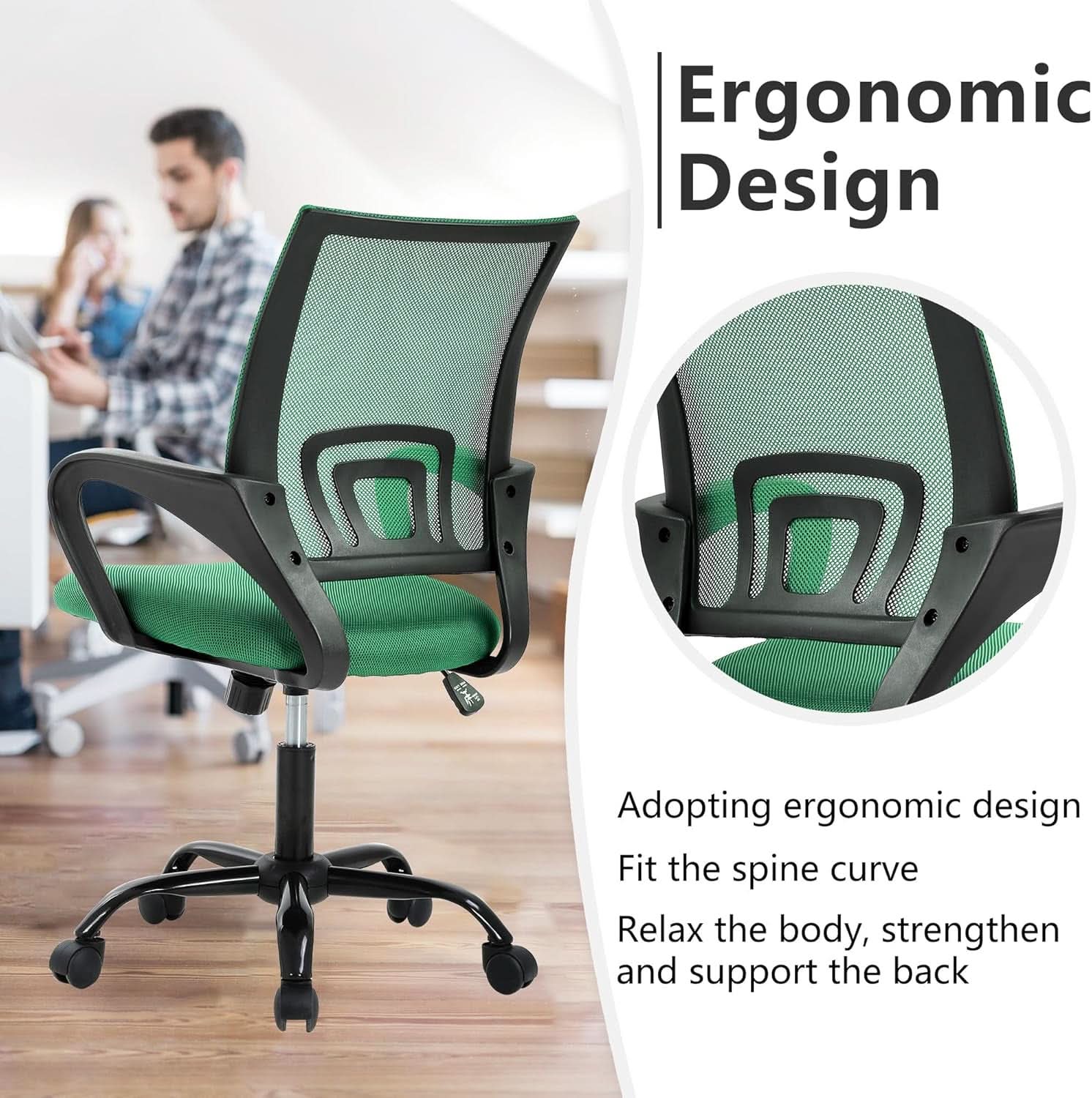 Ergonomic Green Office Chair With Adjustable Lumbar Support