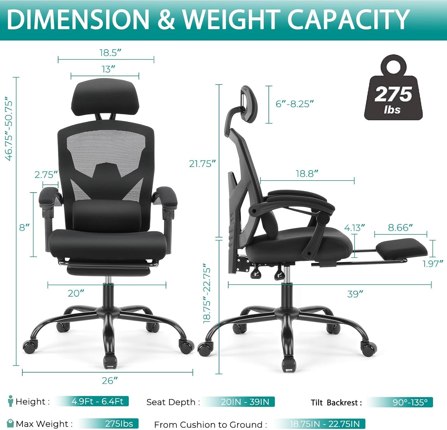 Ergonomic High Back Desk Chair With Footrest Wheels Black