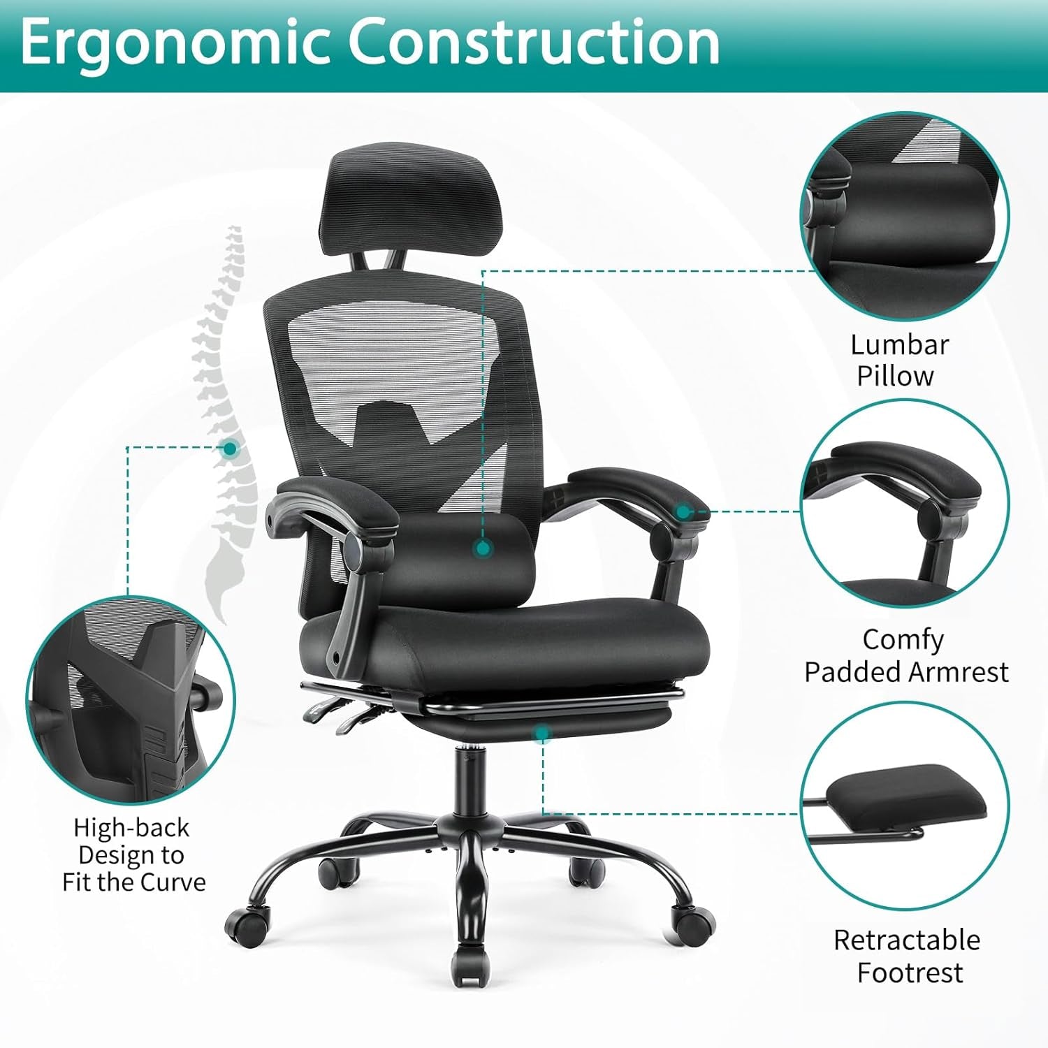 Ergonomic High Back Desk Chair With Footrest Wheels Black