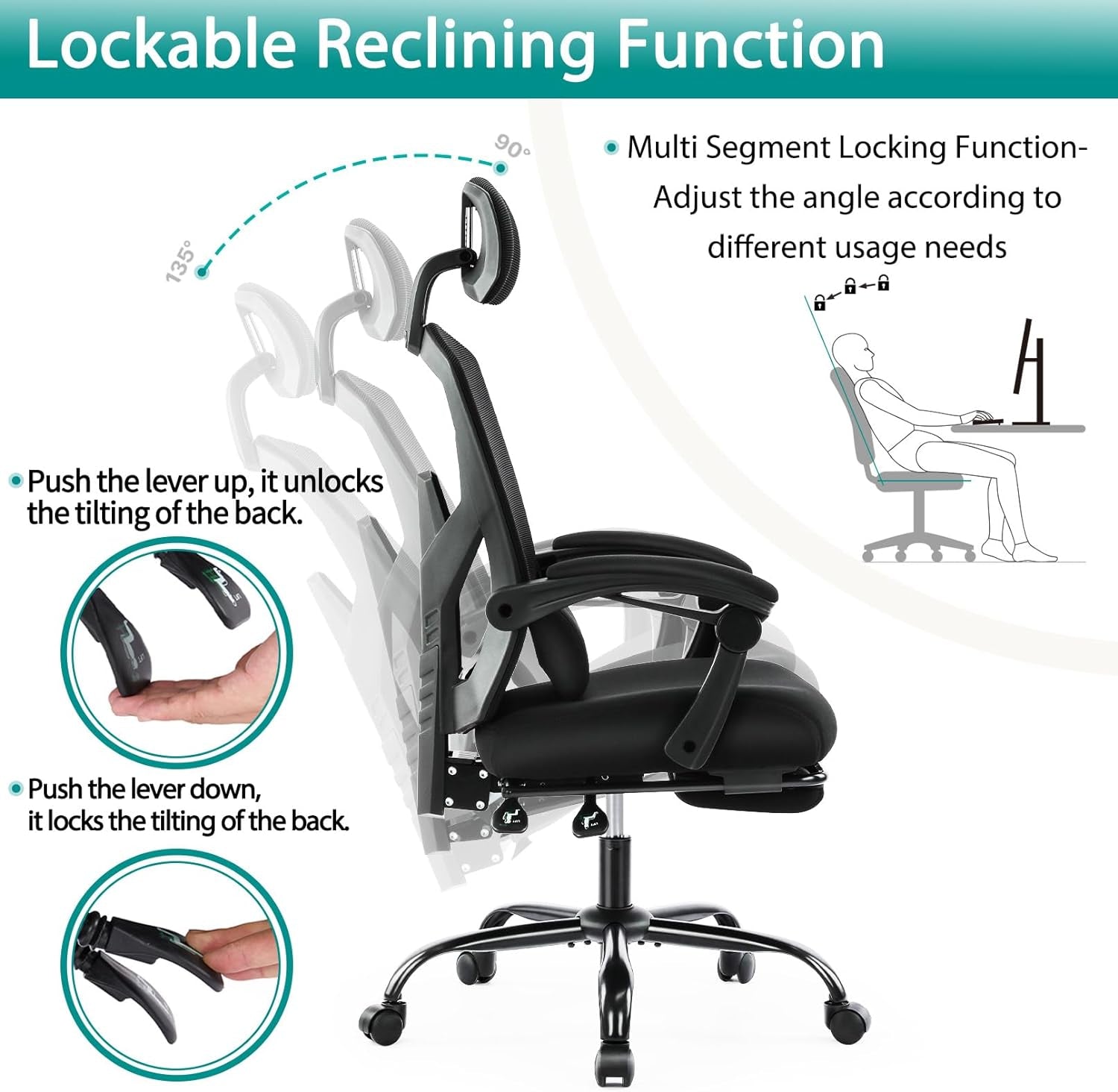 Ergonomic High Back Desk Chair With Footrest Wheels Black