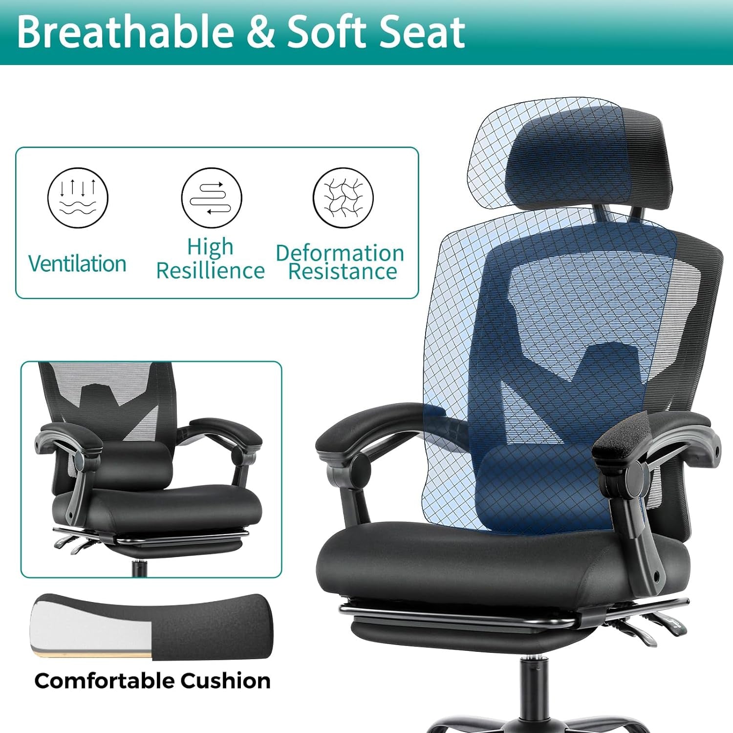 Ergonomic High Back Desk Chair With Footrest Wheels Black