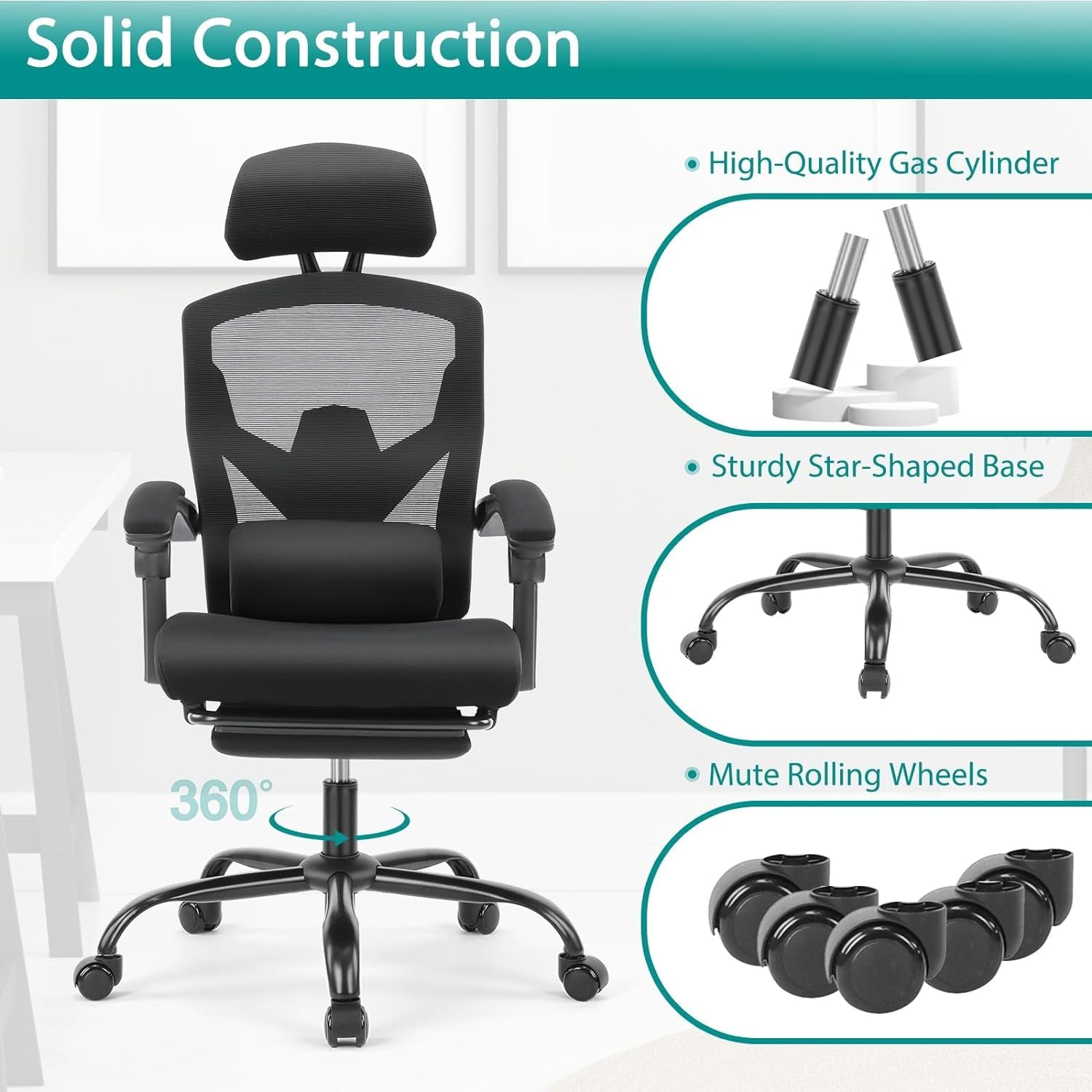 Ergonomic High Back Desk Chair With Footrest Wheels Black