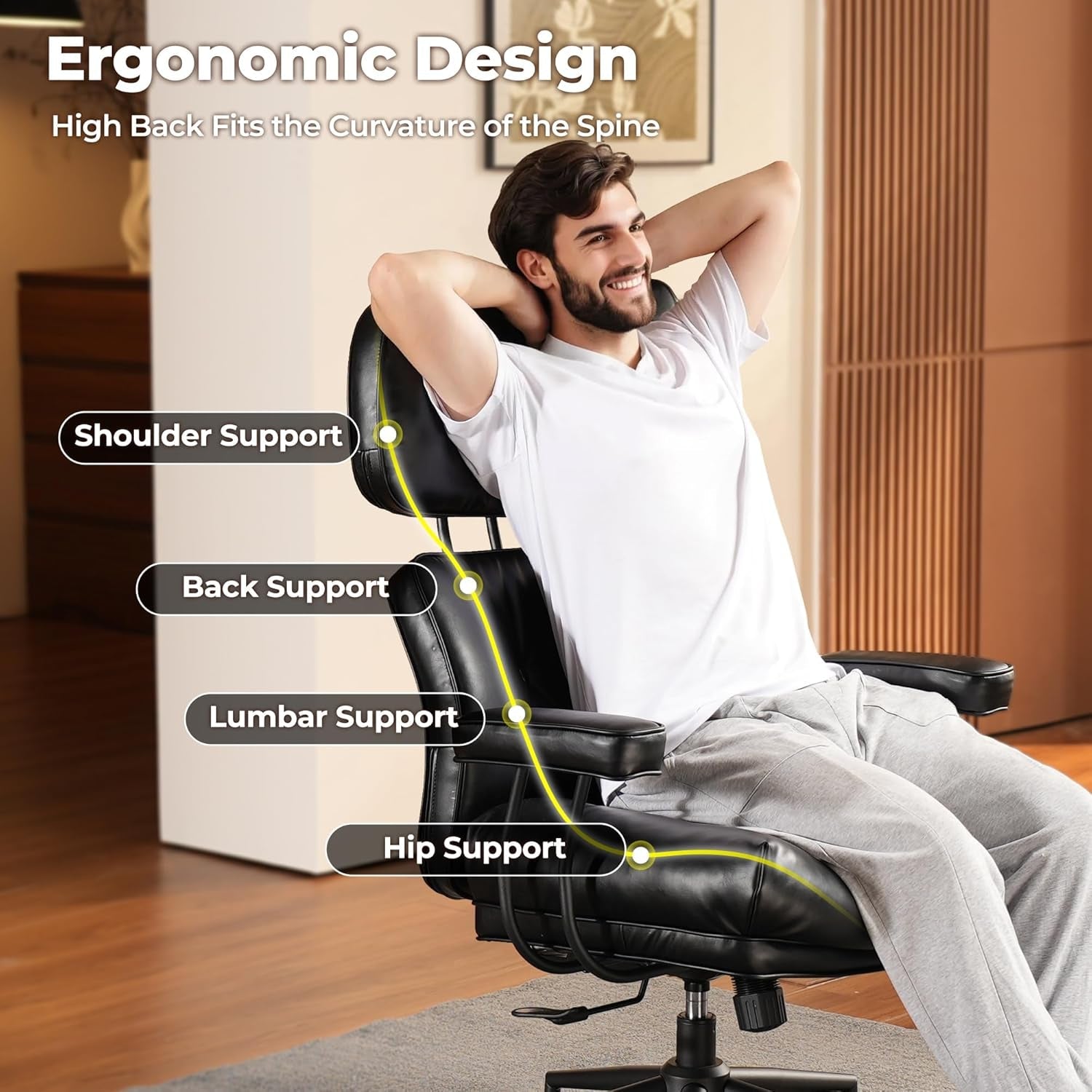 Ergonomic Leather Office Chair With Lumbar Support Black