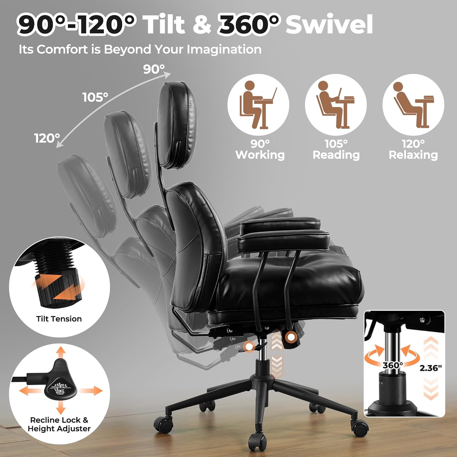 Ergonomic Leather Office Chair With Lumbar Support Black