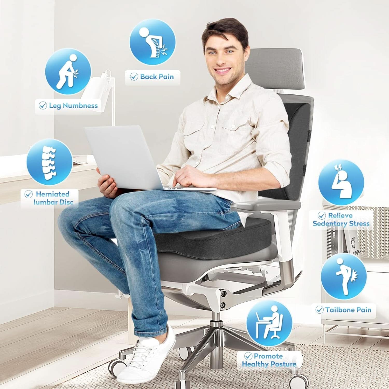 Ergonomic Memory Foam Seat Cushion Grey For Office Chair