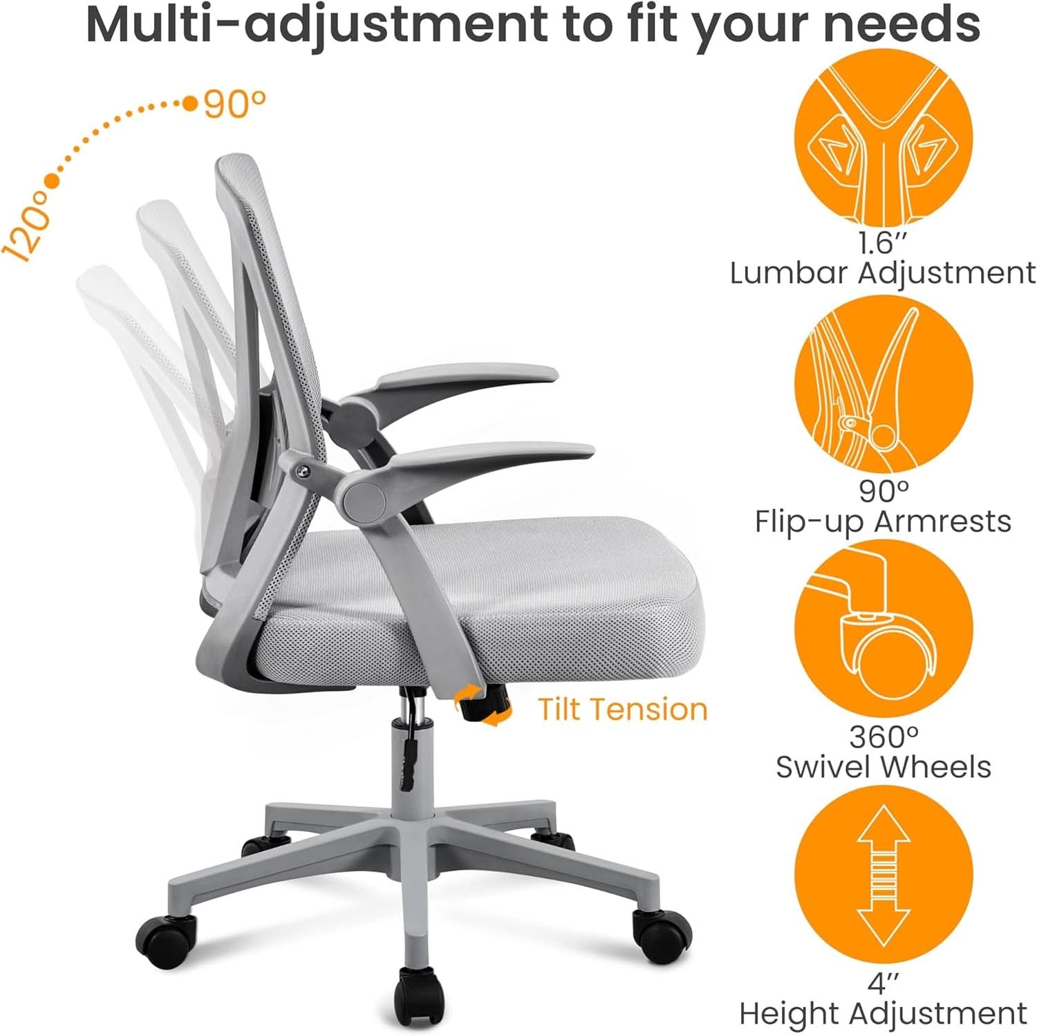 Ergonomic Mesh Office Chair Gray With Adjustable Height