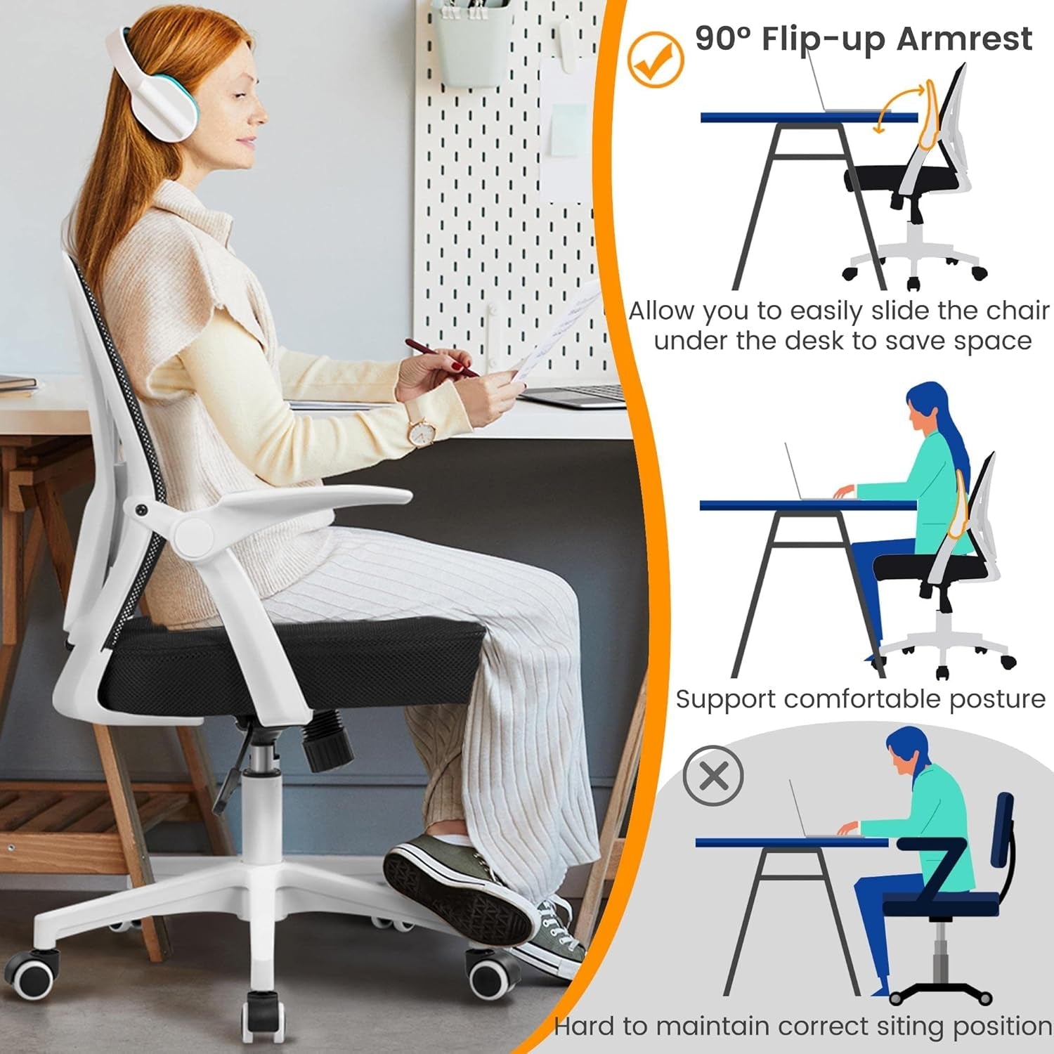 Ergonomic Mesh Office Chair With Flip Up Armrests And Lumbar Support White