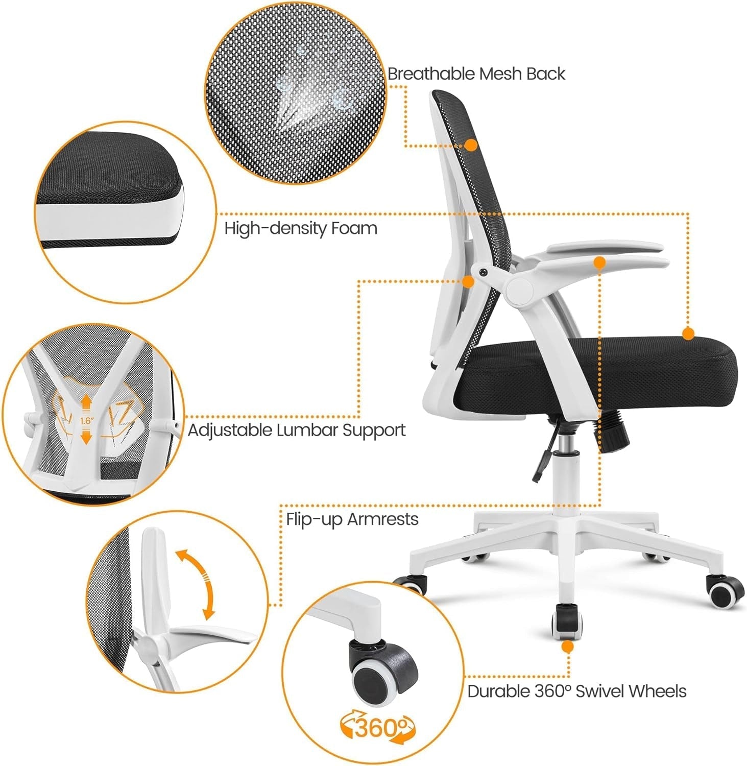 Ergonomic Mesh Office Chair With Flip Up Armrests And Lumbar Support White