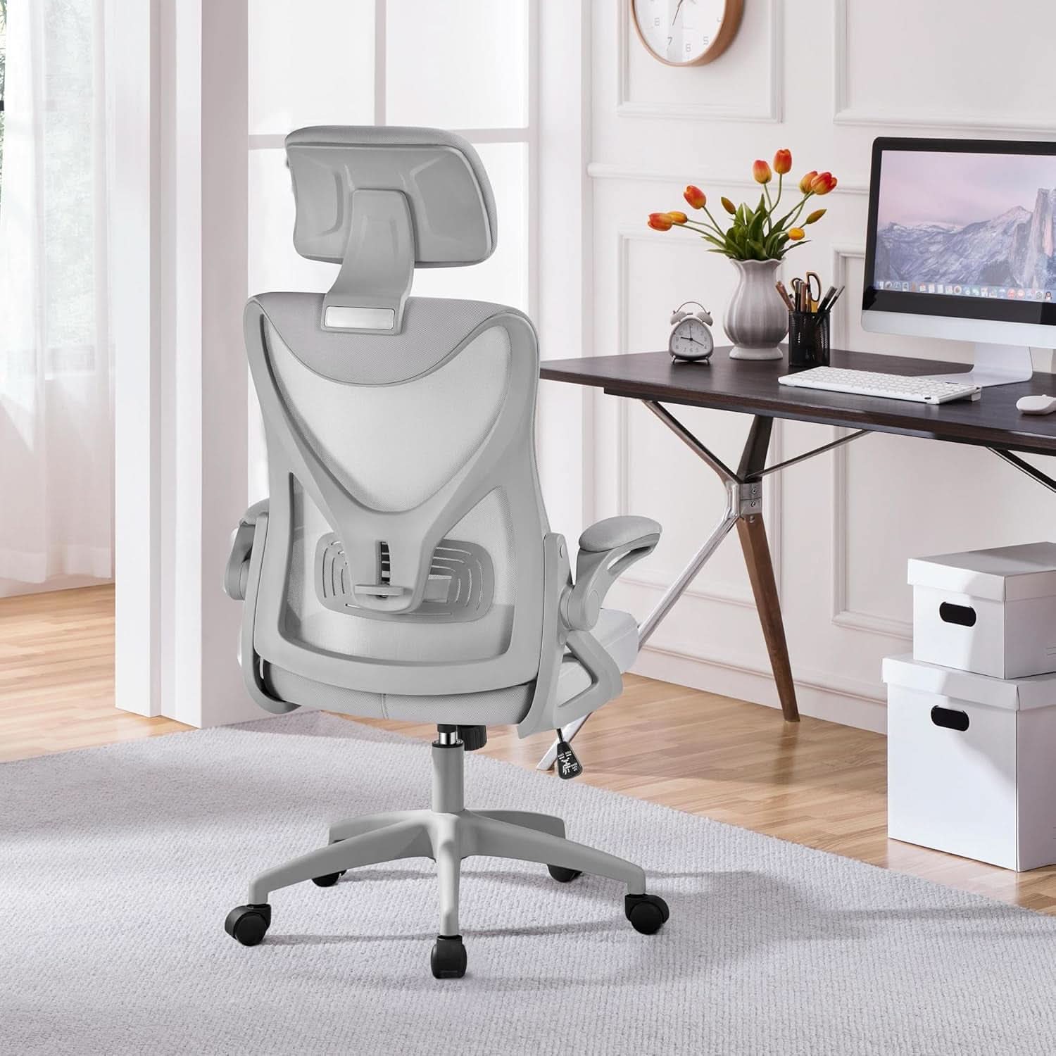 Ergonomic Mesh Office Chair With Flip Up Armrests Gray
