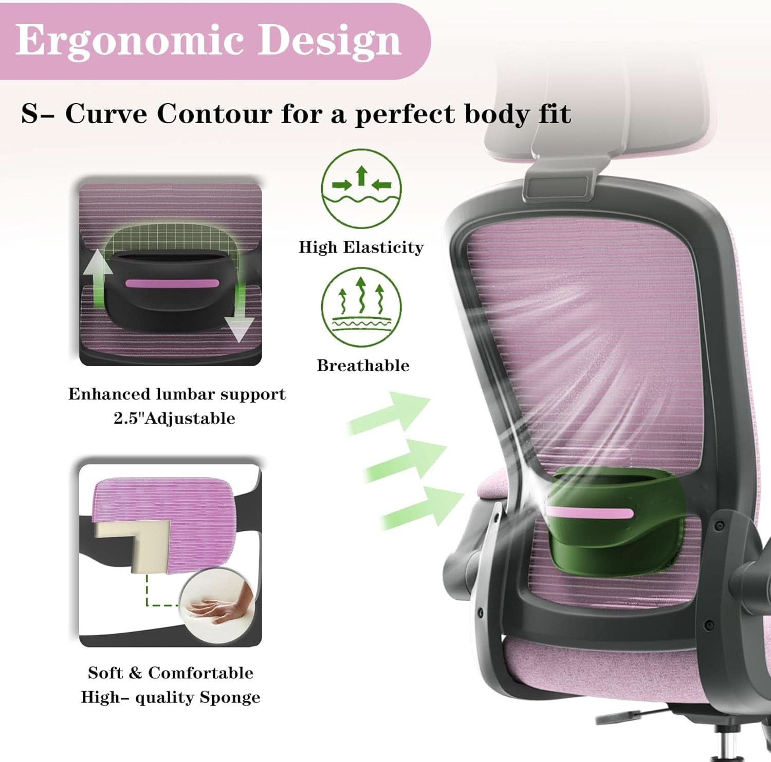 Ergonomic Mesh Office Chair With Light Purple Headrest