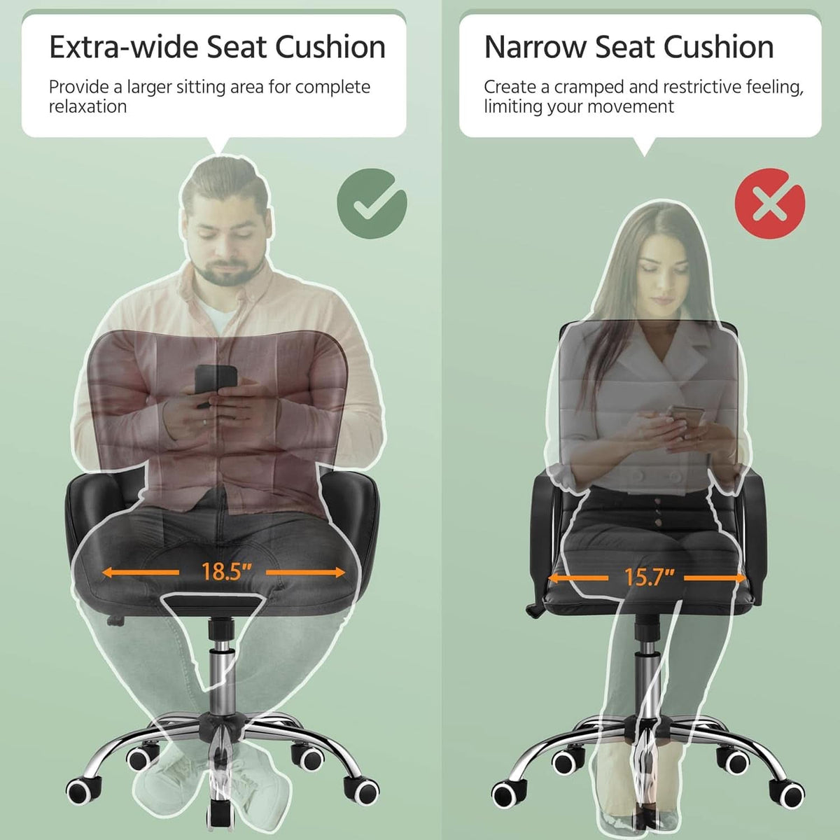 Ergonomic Office Chair 18.7 Inch Wide Seat Black Comfort