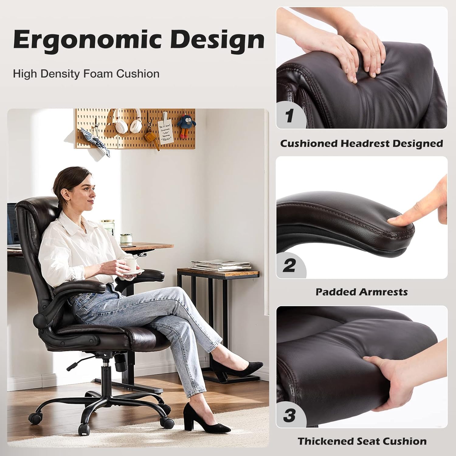 Ergonomic Office Chair Brown Adjustable Height PU Leather