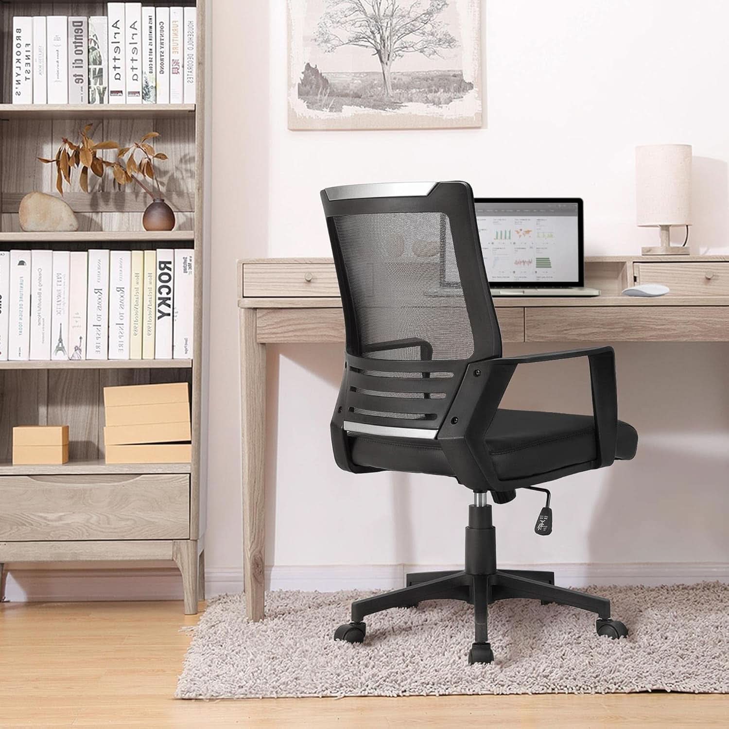 Ergonomic Office Chair Leather Seat Mesh Back Black With Lumbar Support